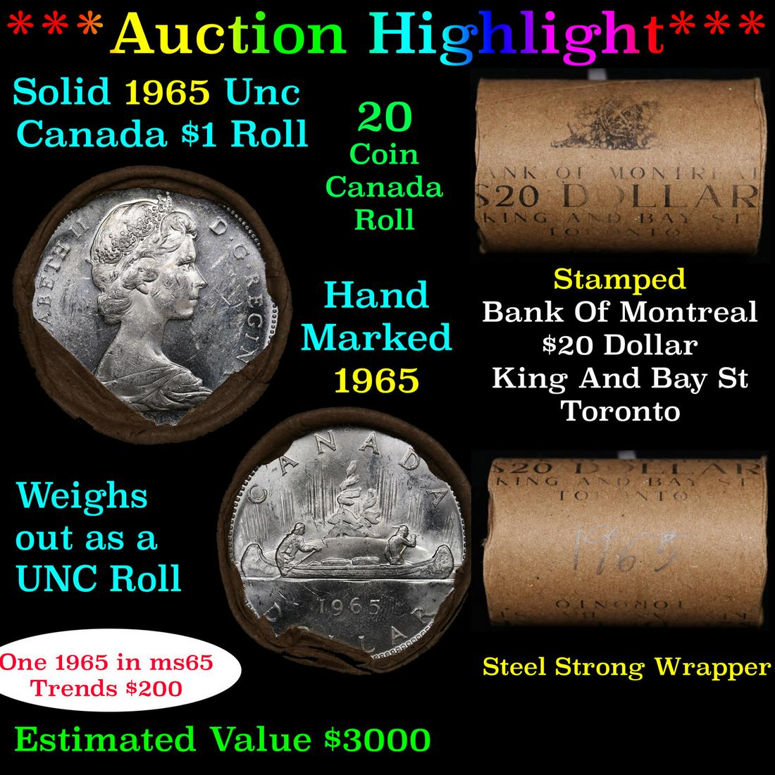 ***Auction Highlight*** Full Roll of Silver 1965 Canadian Dollar with Queen Elizabeth II, 20 Coins (1 of 5)