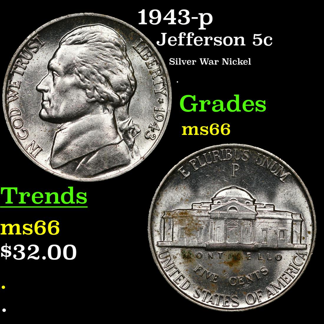 1943-p Jefferson Nickel 5c Grades GEM+ Unc (1 of 3)