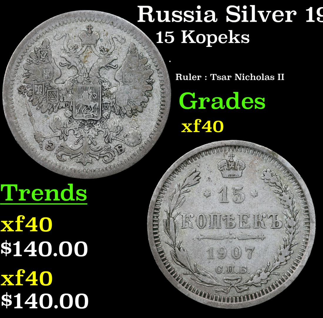 Russia Silver 1907 Cn6 36 15 Kopeks Y#21a.2 Grades xf (1 of 3)