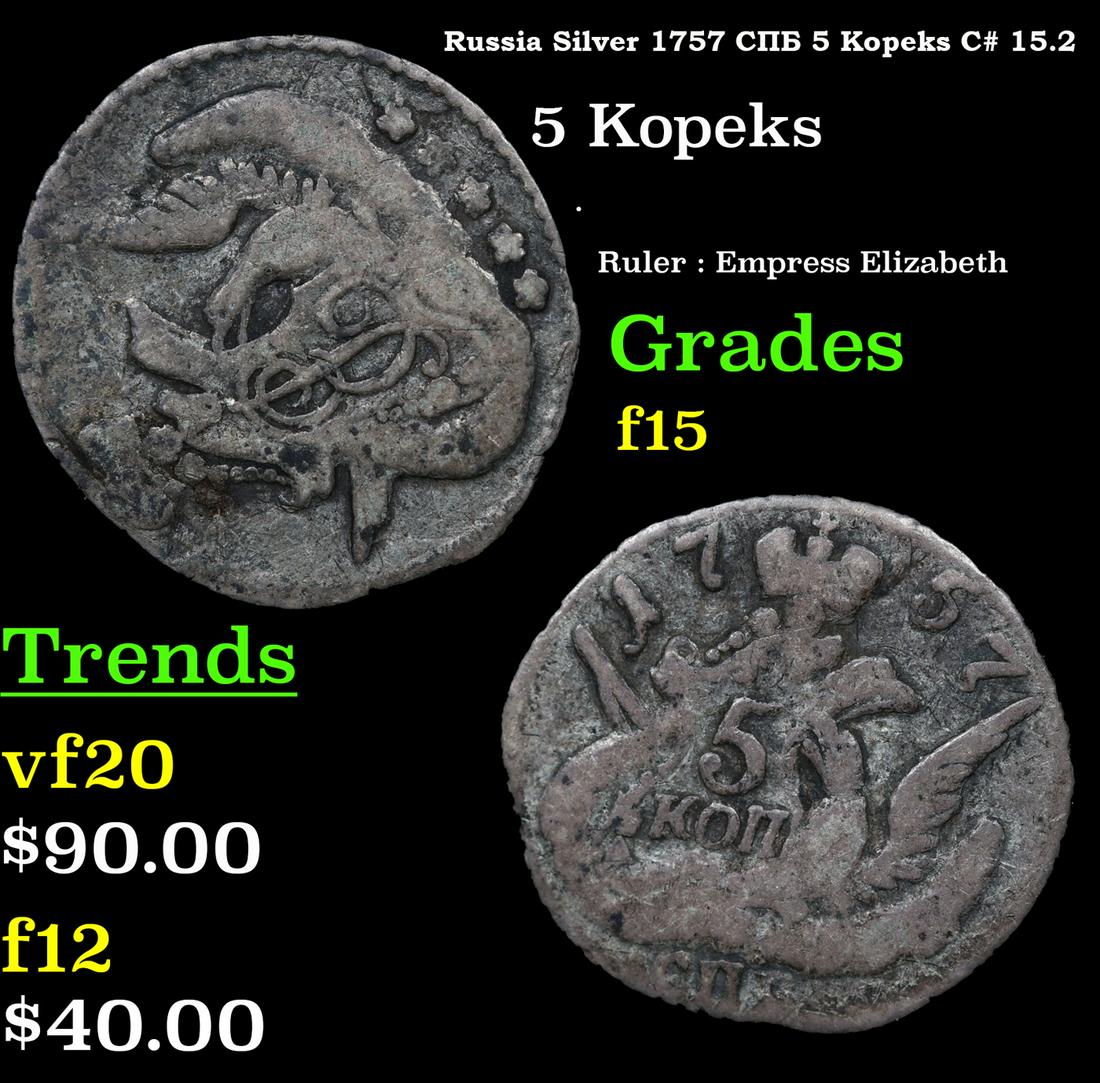 Russia Silver 1757 Cn6 5 Kopeks C# 15.2 Grades f+ (1 of 3)