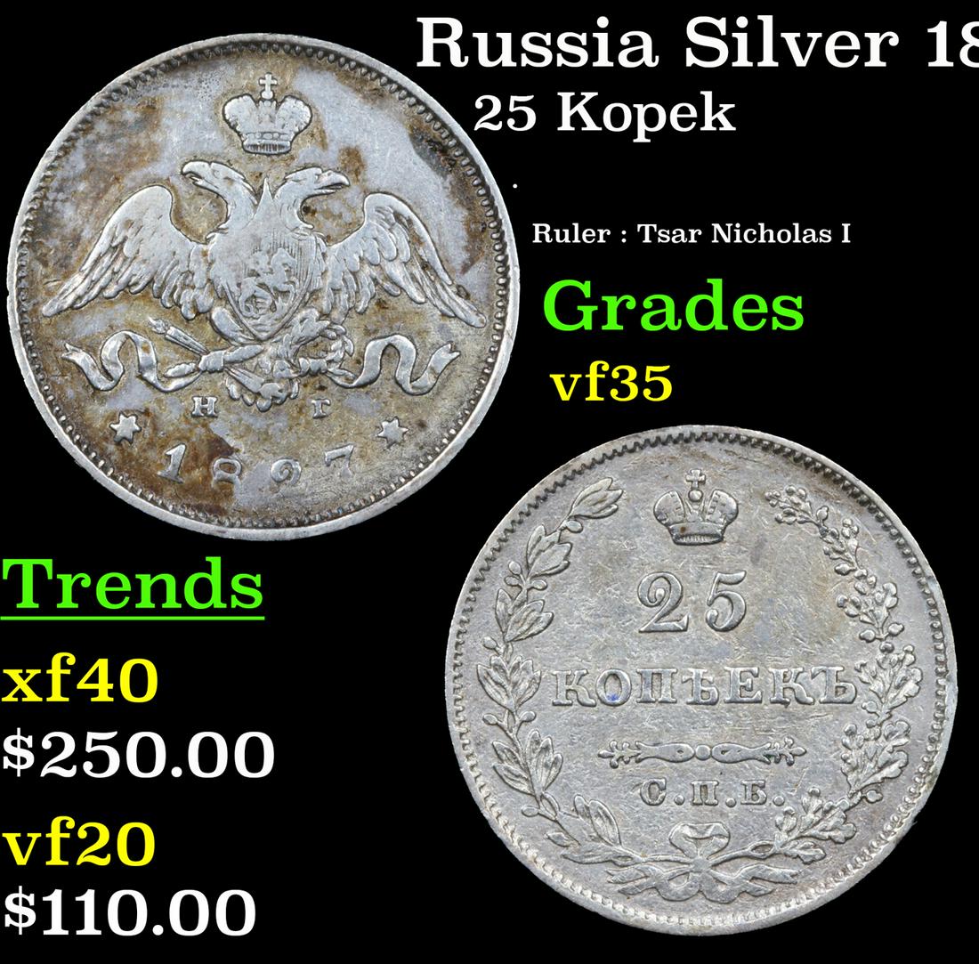 Russia Silver 1827 Cn6 Hr 25 Kopeks C# 159 Grades vf++ (1 of 3)