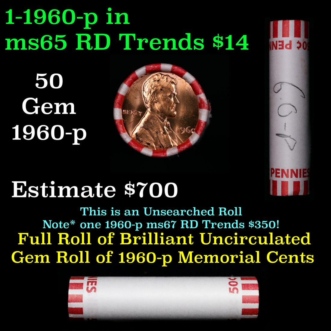 Shotgun Lincoln 1c roll, 1960-p 50 pcs Bank Wrapper.: Shotgun Lincoln 1c roll, 1960-p 50 pcs Bank Wrapper.. A terrific Shotgun roll of Lincoln cents. Most if not all coin should be cherry red.