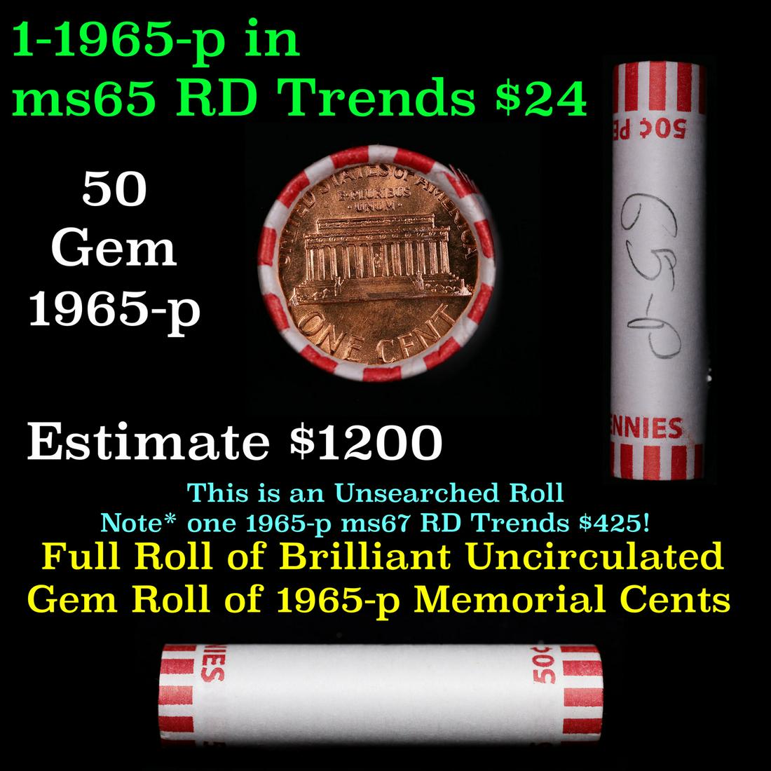 Shotgun Lincoln 1c roll, 1965-p 50 pcs Bank Wrapper.: Shotgun Lincoln 1c roll, 1965-p 50 pcs Bank Wrapper.. A terrific Shotgun roll of Lincoln cents. Most if not all coin should be cherry red.