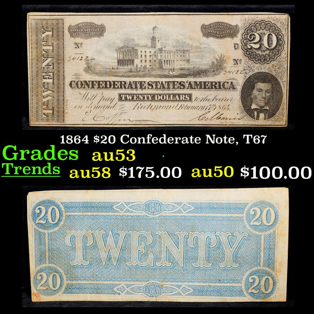 1864 $20 Confederate Note, T67 Grades Select AU (1 of 3)