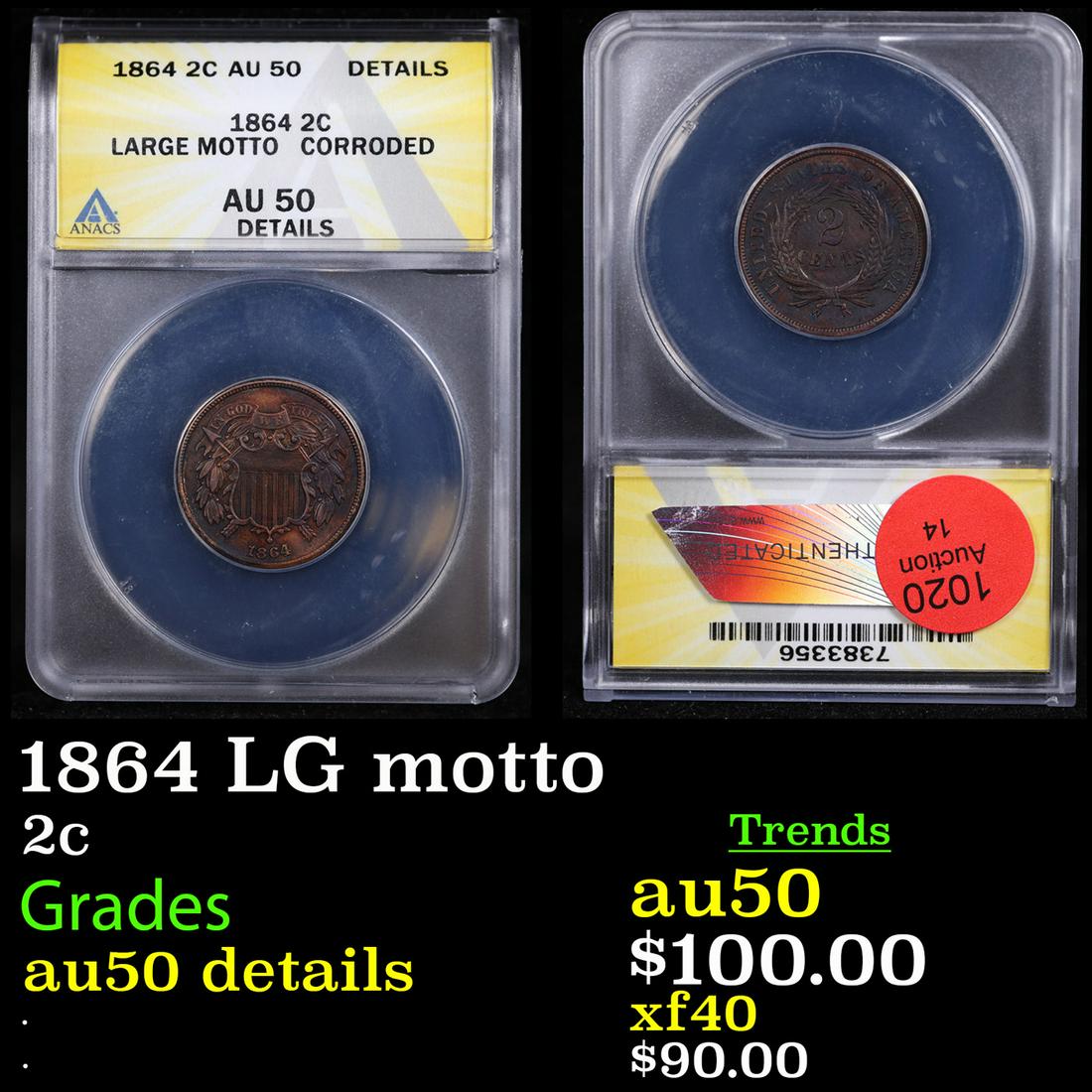 ANACS 1864 LG motto Two Cent Piece 2c Graded au50 details By ANACS (1 of 3)