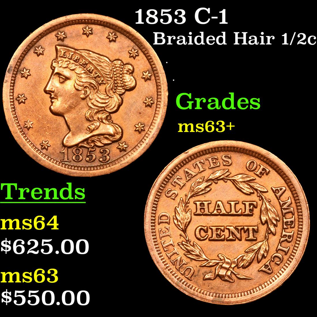 1853 Braided Hair Half Cent C-1 1/2c Grades Select+ Unc By SEGS (1 of 4)