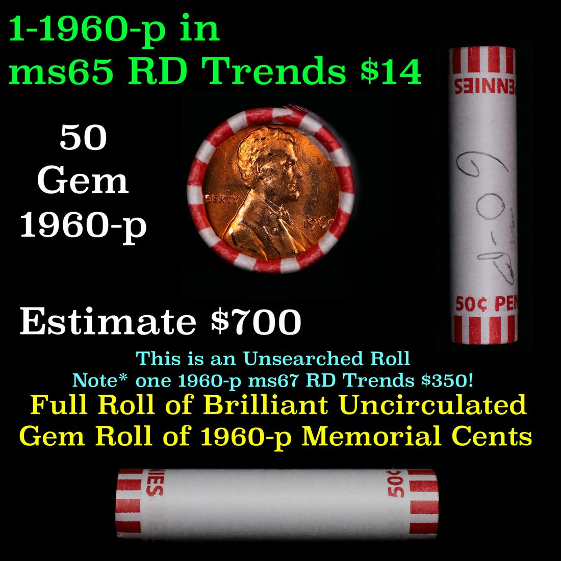 Shotgun Lincoln 1c roll, 1960-p 50 pcs Bank Wrapper.: Shotgun Lincoln 1c roll, 1960-p 50 pcs Bank Wrapper.. A terrific Shotgun roll of Lincoln cents. Most if not all coin should be cherry red.