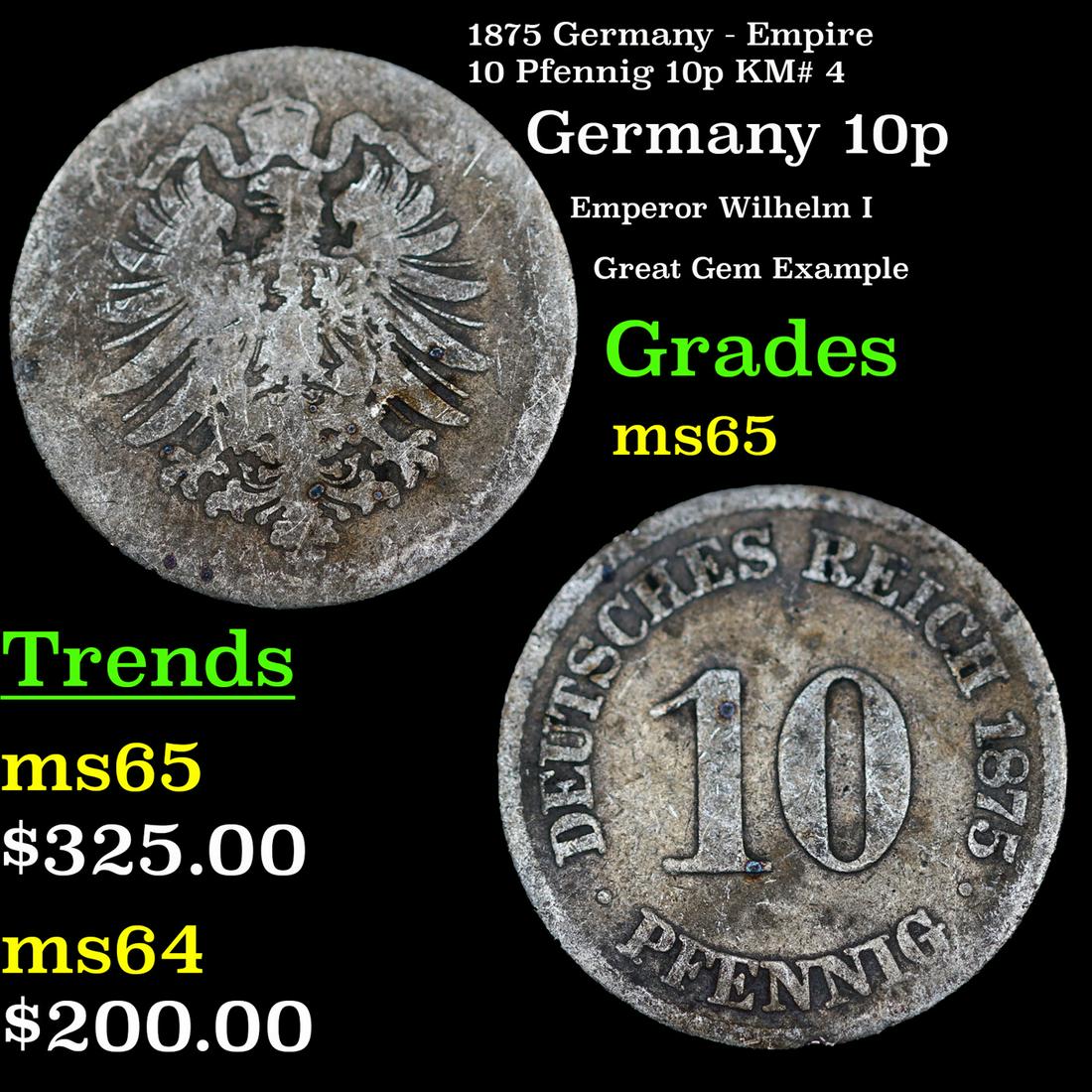 1875 Germany - Empire 10 Pfennig 10p KM# 4 Grades GEM Unc (1 of 3)