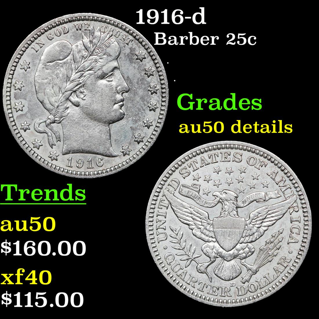 1916-d Barber Quarter 25c Grades AU Details (1 of 3)