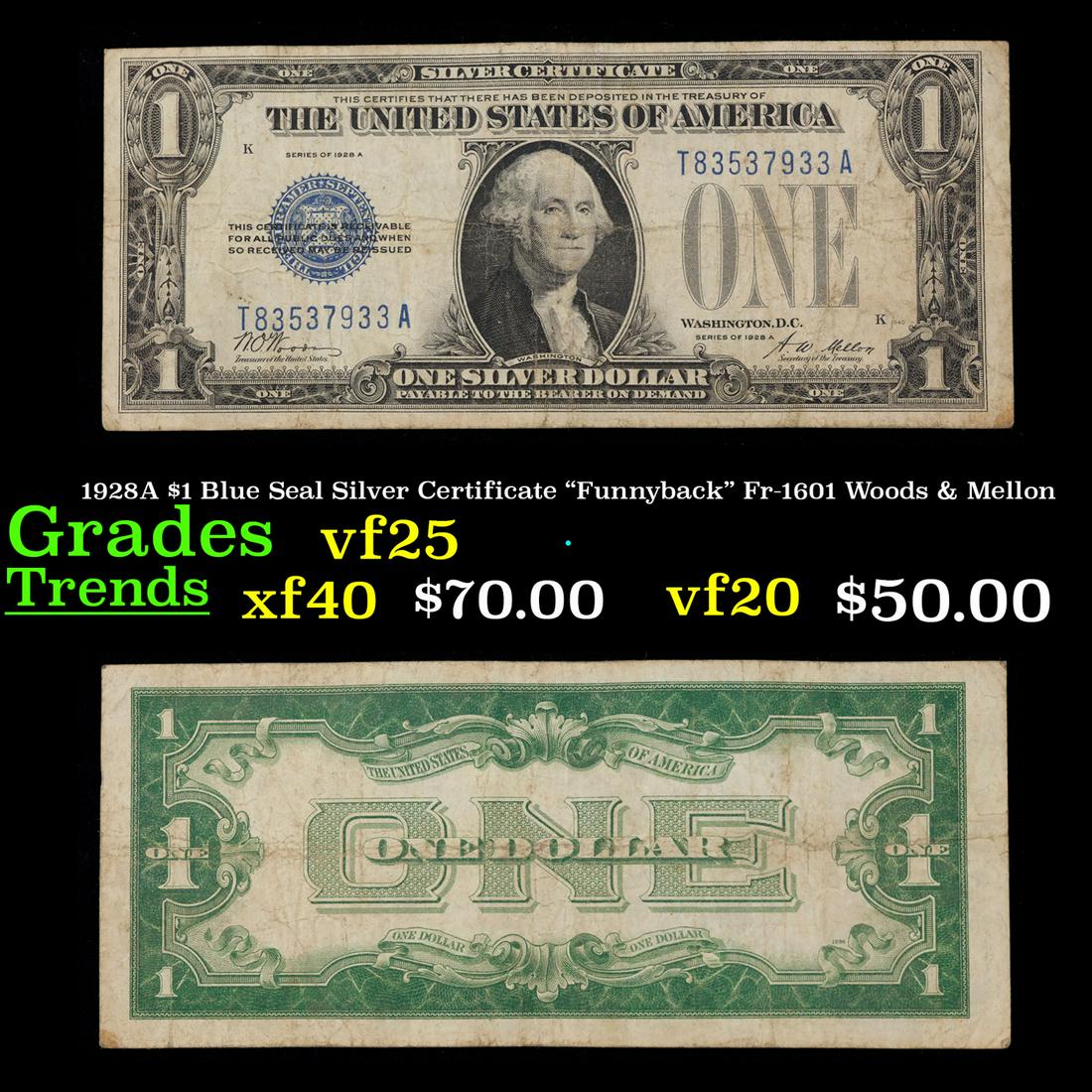 1928A $1 Blue Seal Silver Certificate "Funnyback" Fr-1601 Woods & Mellon Grades vf+ (1 of 3)