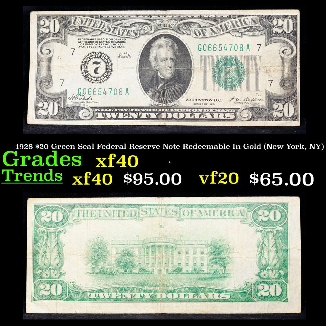1928 $20 Green Seal Federal Reserve Note Redeemable In Gold (New York, NY) Grades vf++ (1 of 3)
