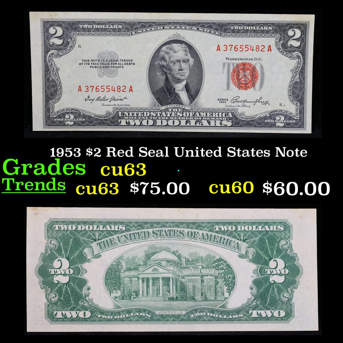 1953 $2 Red Seal United States Note Grades Select CU: 1953 $2 Red Seal United States Note Grades Select CU. 1953 red print two dollar bills can be broke up into four different types by signature combination; 1953 â€“ Ivy Baker Priest (Treasurer of T