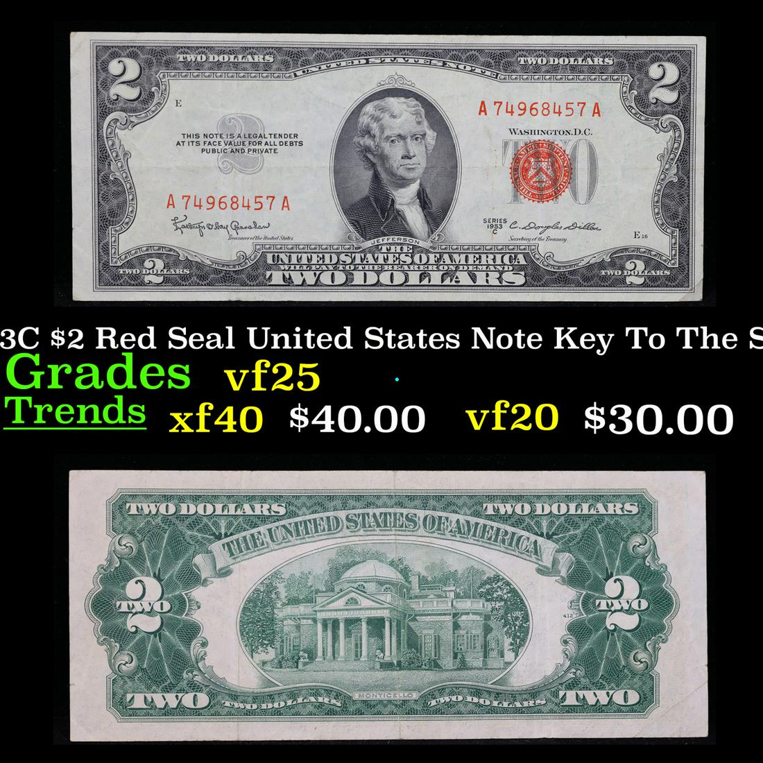 1953C $2 Red Seal United States Note Key To The Series Grades vf+ (1 of 3)