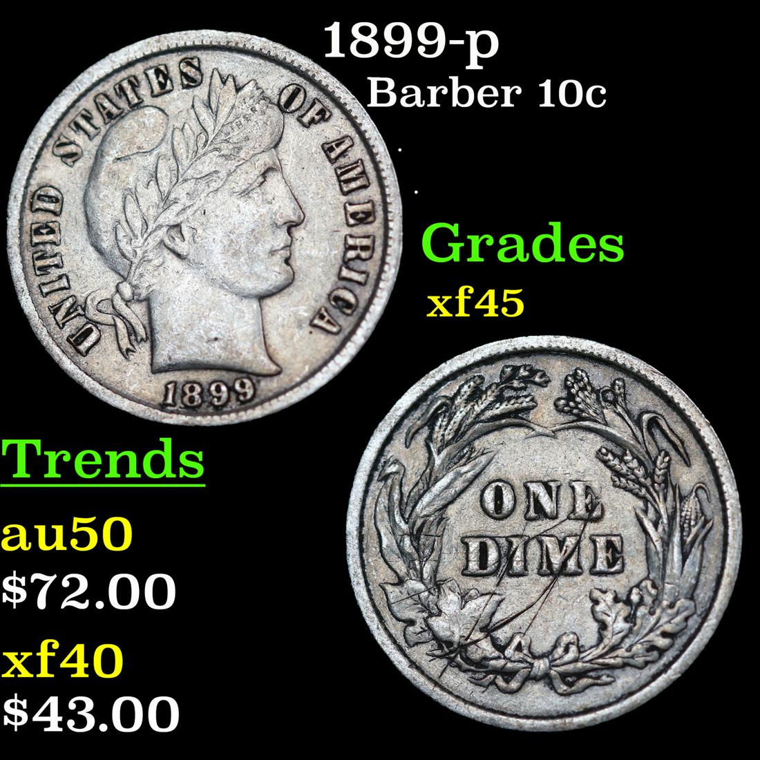 1899-p Barber Dime 10c Grades xf+ (1 of 3)