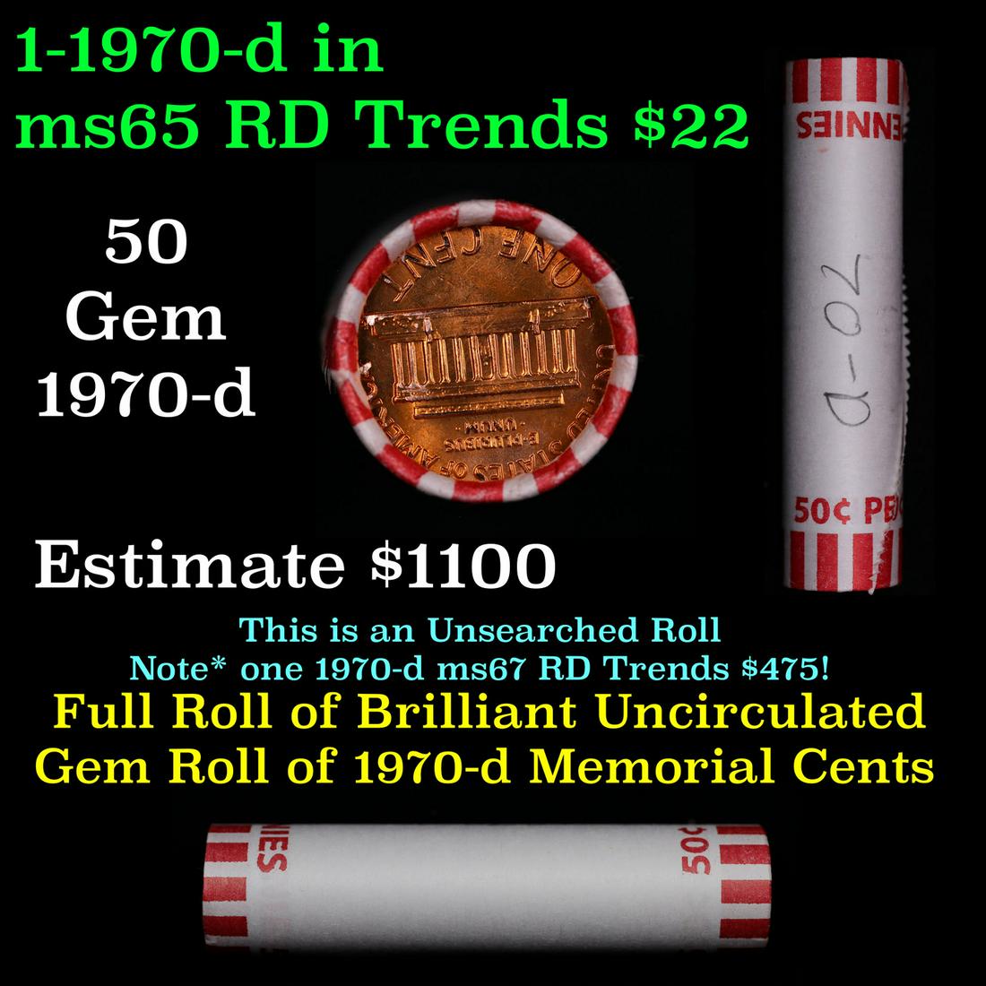 Shotgun Lincoln 1c roll, 1970-d 50 pcs Bank Wrapper.: Shotgun Lincoln 1c roll, 1970-d 50 pcs Bank Wrapper.. A terrific Shotgun roll of Lincoln cents. Most if not all coin should be cherry red.