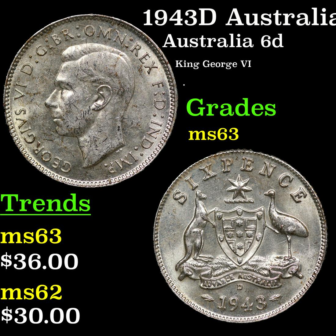 1943D Australia 6 Pence (Sixpence) Silver KM# 38 Grades Select Unc: 1943D Australia 6 Pence (Sixpence) Silver KM# 38 Grades Select Unc.