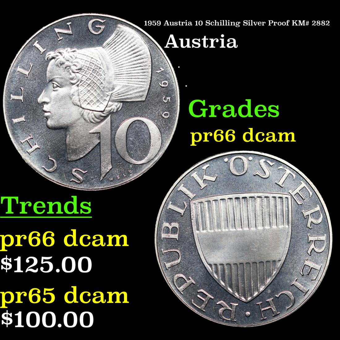 Proof 1959 Austria 10 Schilling Silver Proof KM# 2882 Grades GEM+ Proof Deep Cameo (1 of 3)