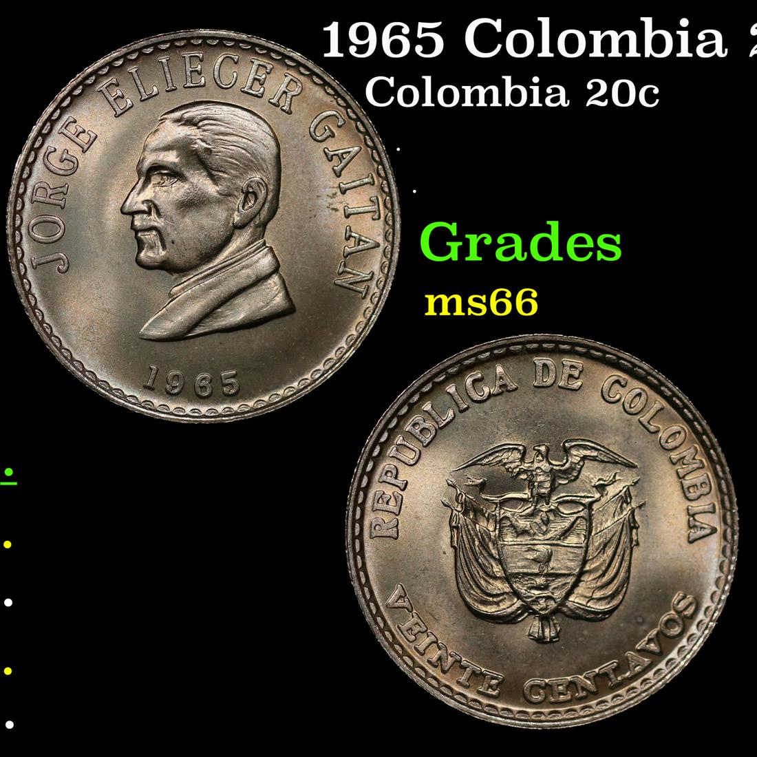 1965 Colombia 20 Centavos KM# 224 Grades GEM+ Unc (1 of 3)