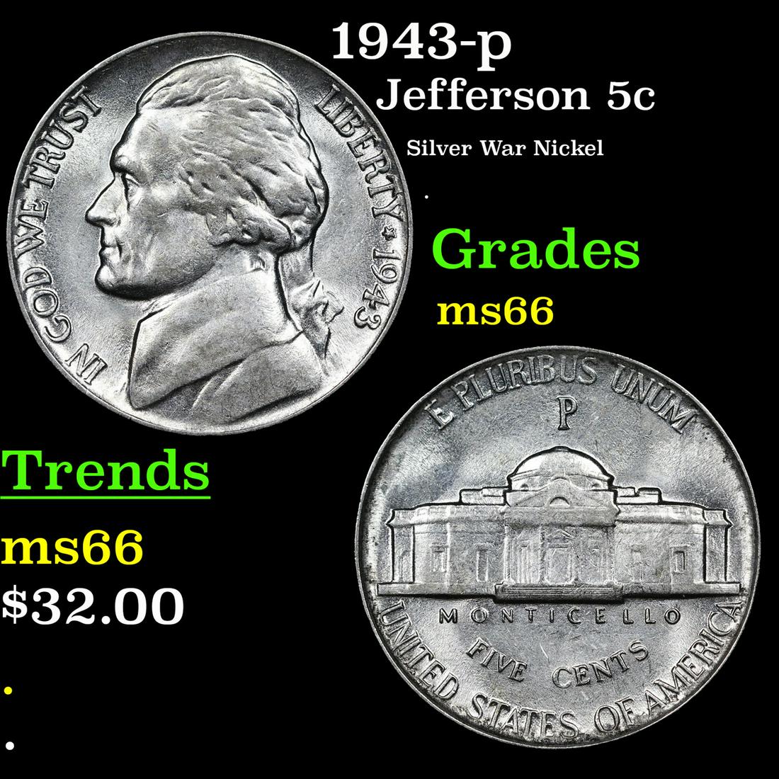 1943-p Jefferson Nickel 5c Grades GEM+ Unc (1 of 3)