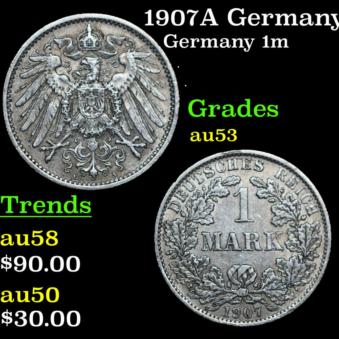 1907A Germany (Empire) 1 Mark Silver KM# 14 Grades Select AU (1 of 3)