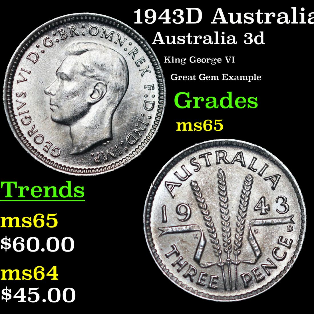 1943D Australia 3 Pence (Threepence) Silver KM# 37 Grades GEM Unc (1 of 3)