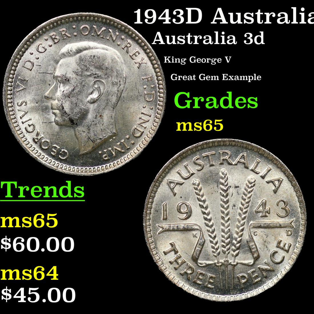 1943D Australia 3 Pence (Threepence) Silver KM# 37 Grades GEM Unc (1 of 3)