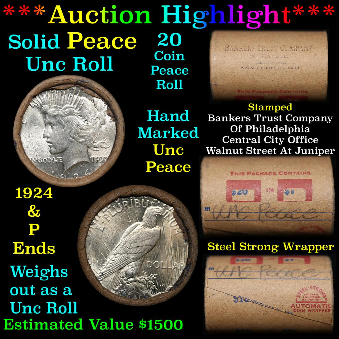 ***Auction Highlight*** Solid Uncirculated Peace silver dollar roll 1924 & P Ends, 20 coins (fc) (1 of 6)