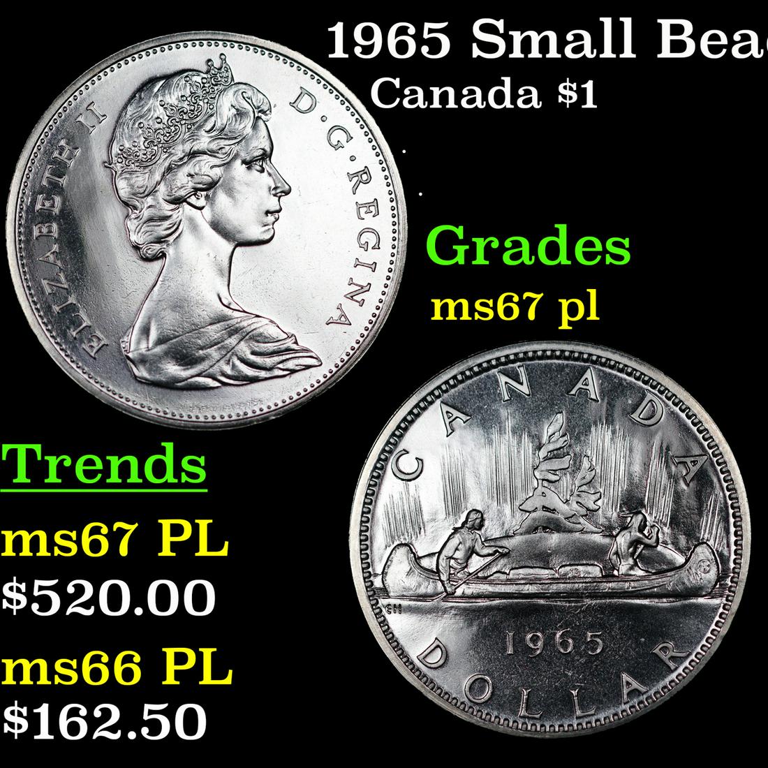 1965 Small Beads, Pointed 5 Canada Dollar $1 Grades GEM++ PL (1 of 3)