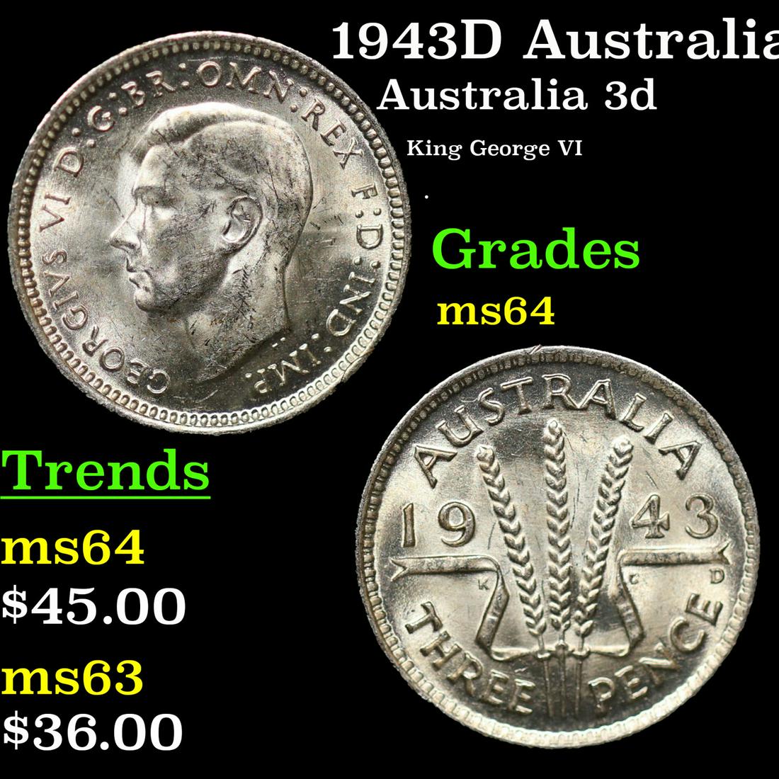 1943D Australia 3 Pence (Threepence) Silver KM# 37 Grades Choice Unc (1 of 3)