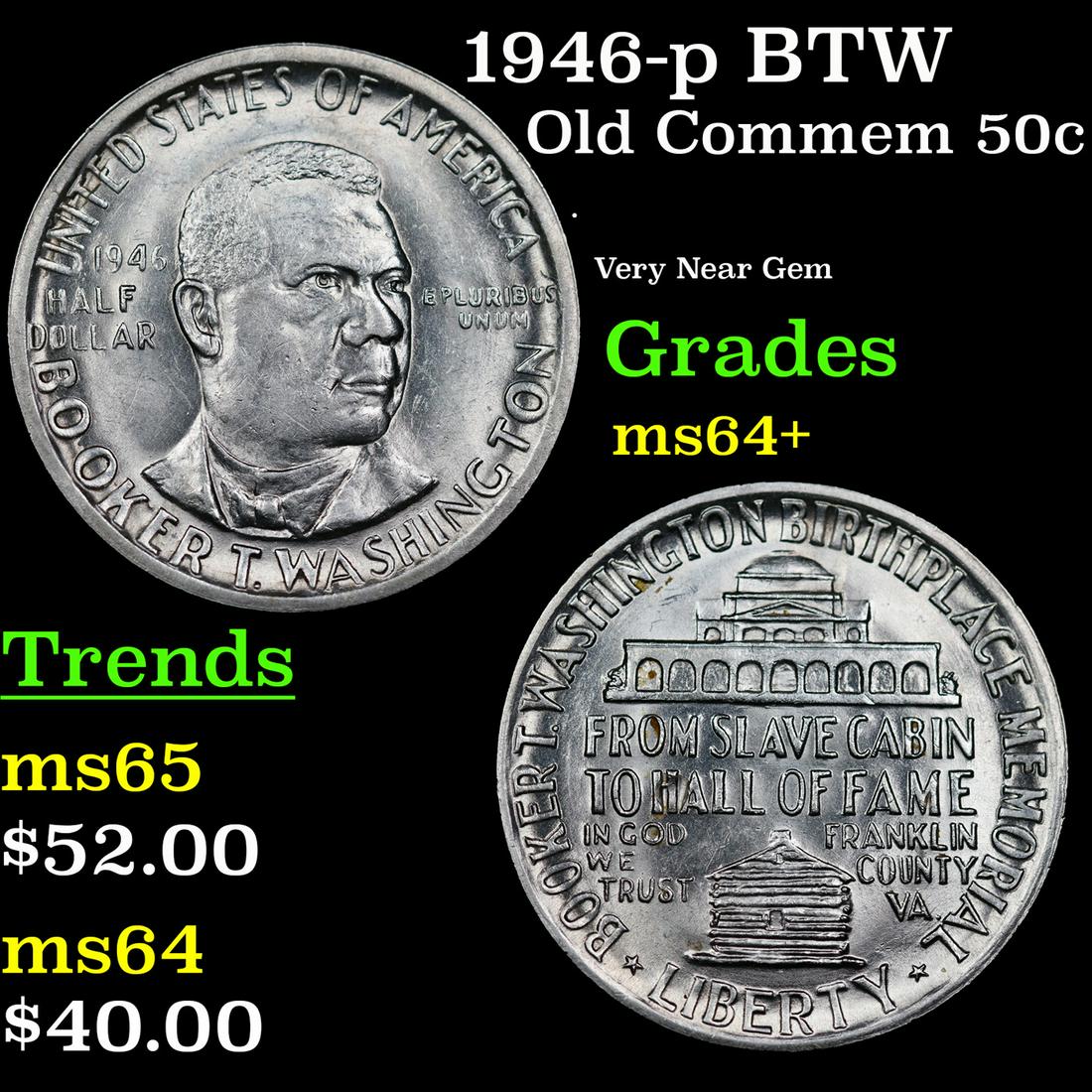1946-p BTW Old Commem Half Dollar 50c Grades Choice+ Unc (1 of 3)