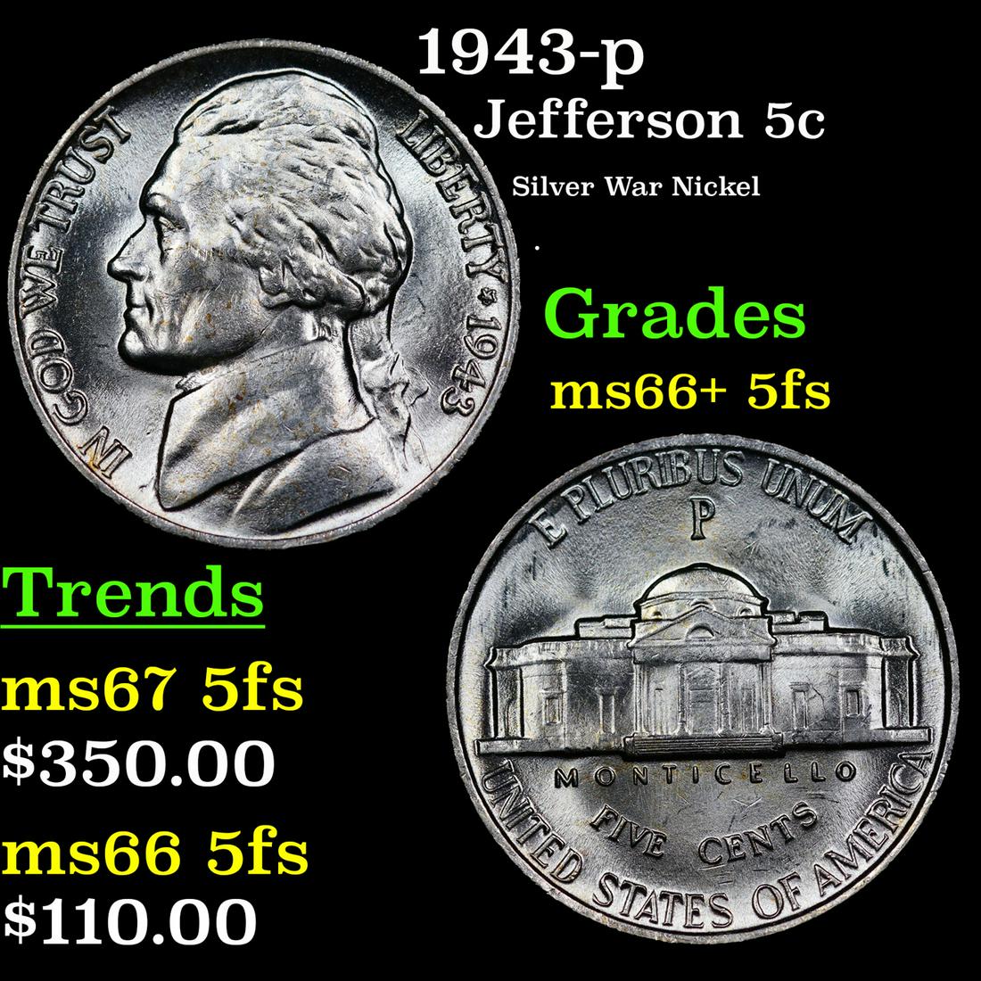1943-p Jefferson Nickel 5c Grades GEM++ 5fs (1 of 3)