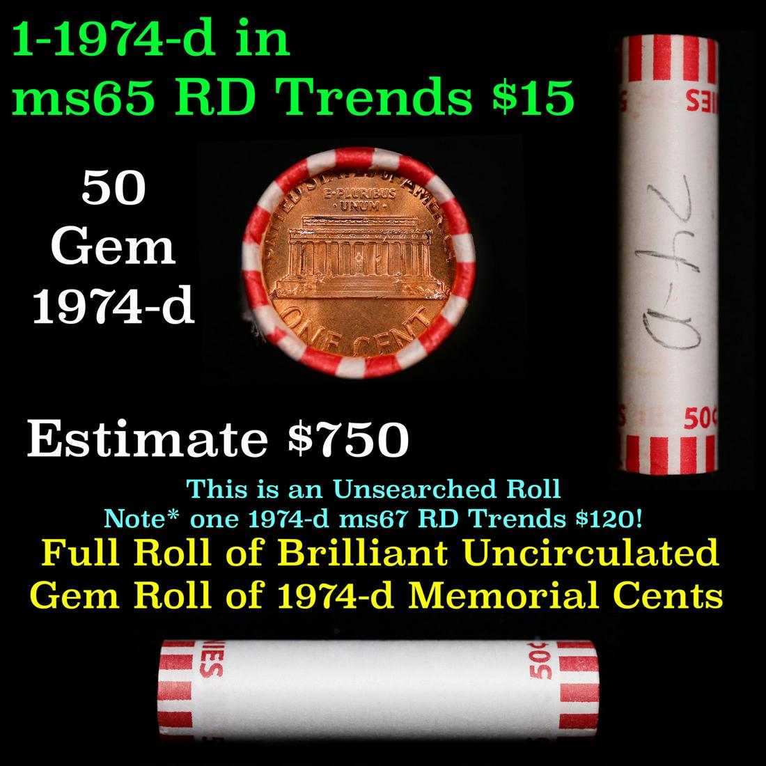 Shotgun Lincoln 1c roll, 1974-d 50 pcs Bank Wrapper.: Shotgun Lincoln 1c roll, 1974-d 50 pcs Bank Wrapper.. A terrific Shotgun roll of Lincoln cents. Most if not all coin should be cherry red.