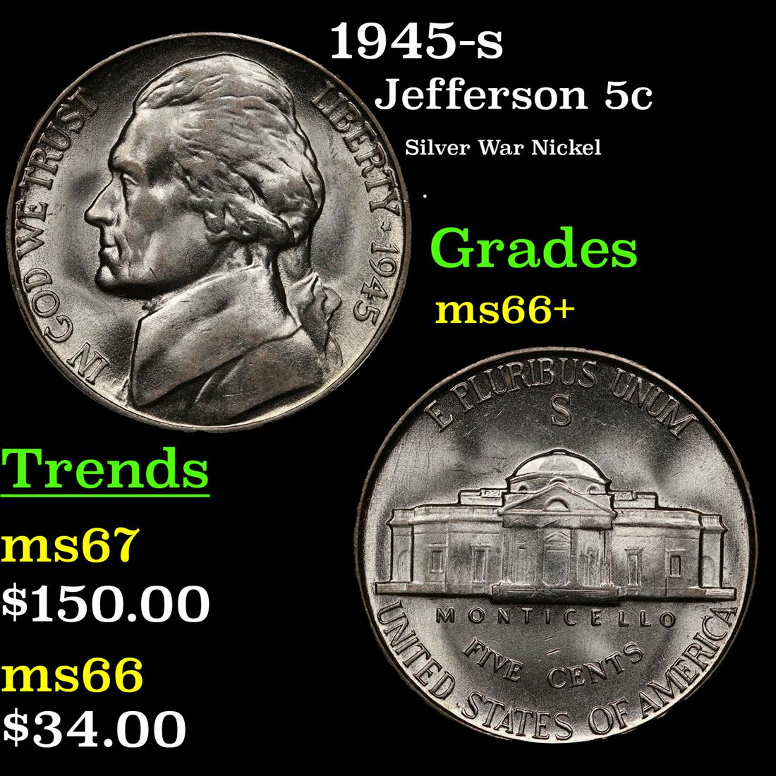 1945-s Jefferson Nickel 5c Grades GEM++ Unc (1 of 3)