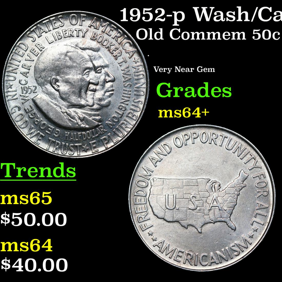 1952-p Wash/Car Old Commem Half Dollar 50c Grades Choice+ Unc (1 of 3)