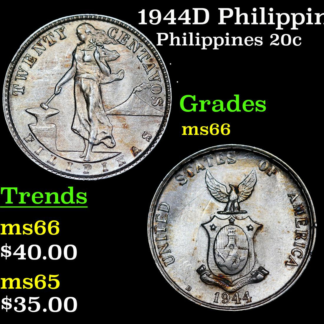 1944D Philippines 20 Centavos Silver KM# 182 Grades GEM+ Unc (1 of 3)