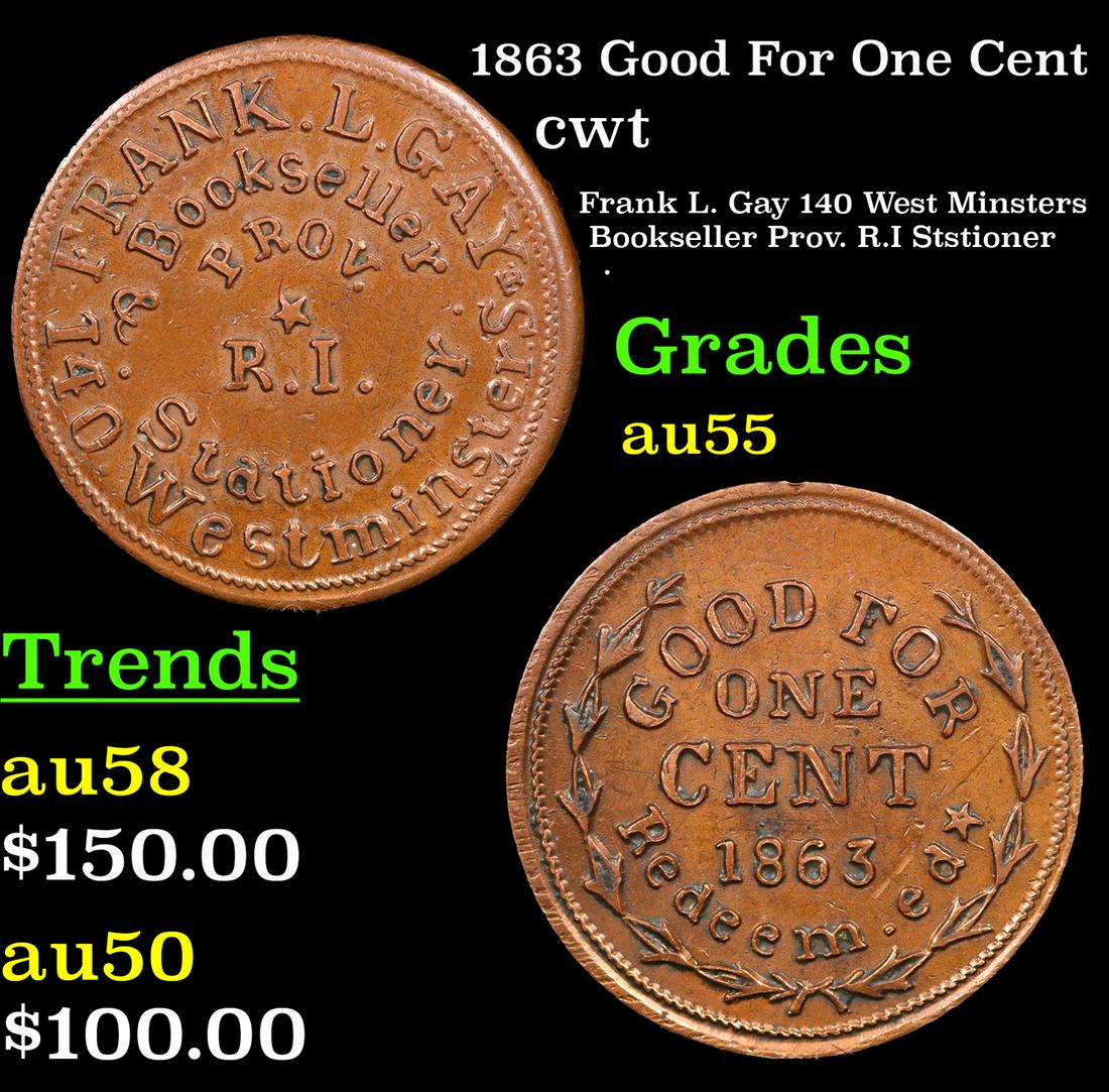 1863 Good For One Cent Civil War Token 1c Grades Choice AU (1 of 3)