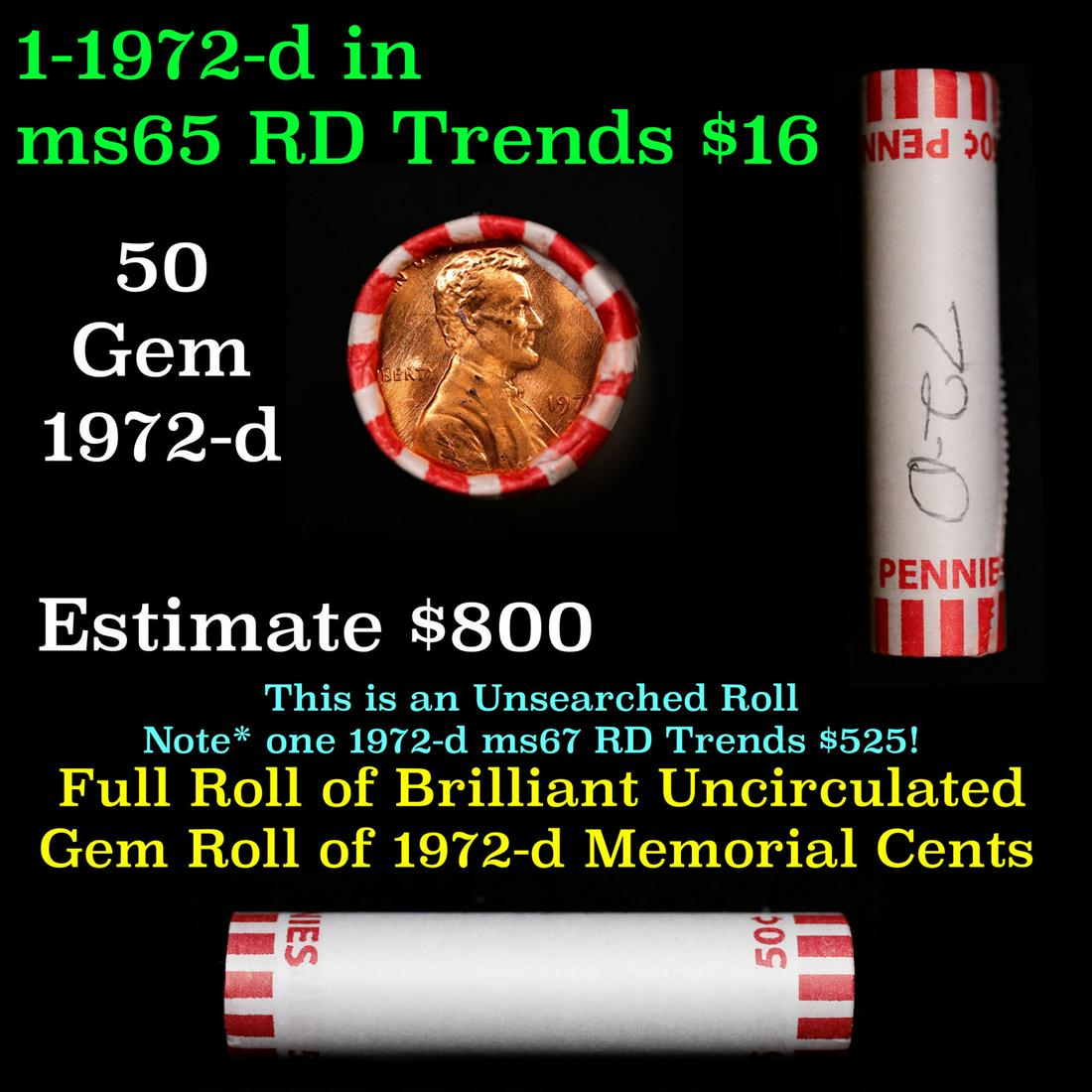 Shotgun Lincoln 1c roll, 1972-d 50 pcs Bank Wrapper.: Shotgun Lincoln 1c roll, 1972-d 50 pcs Bank Wrapper.. A terrific Shotgun roll of Lincoln cents. Most if not all coin should be cherry red.