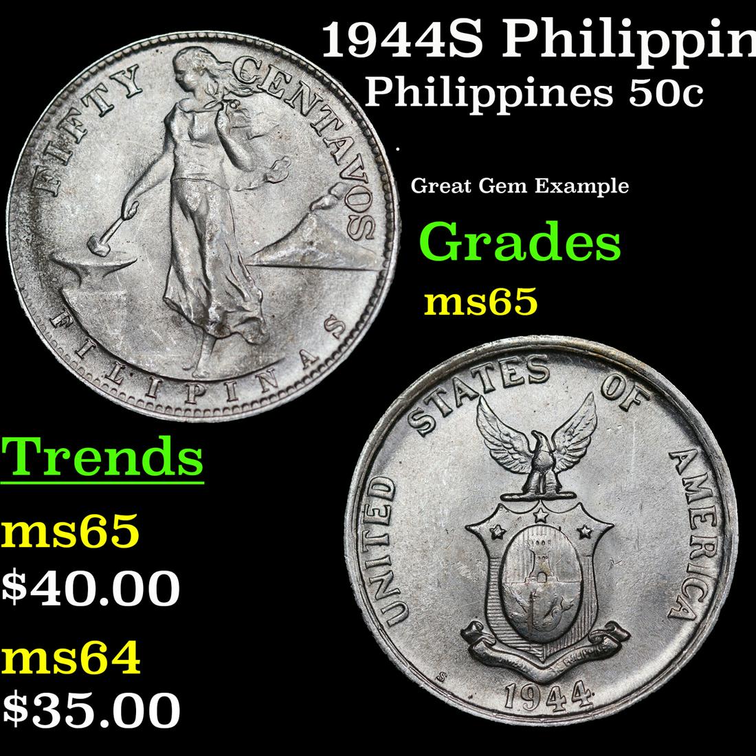 1944S Philippines 50 Centavos Silver KM# 183 Grades GEM Unc (1 of 3)