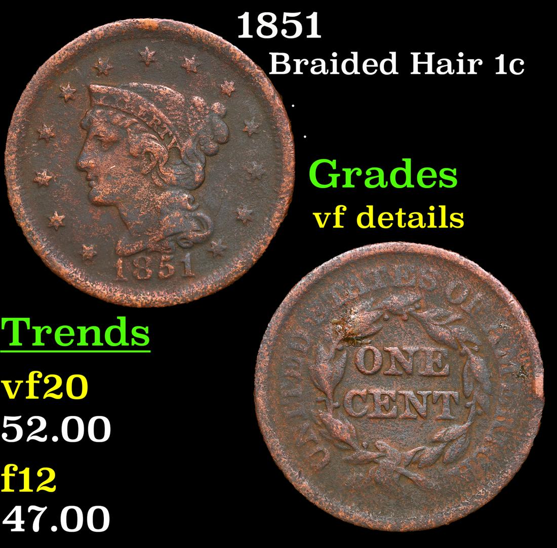 1851 Braided Hair Large Cent 1c Grades vf details (1 of 3)
