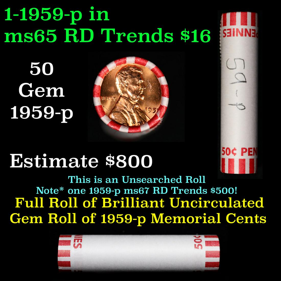 Shotgun Lincoln 1c roll, 1959-p 50 pcs Bank Wrapper.: Shotgun Lincoln 1c roll, 1959-p 50 pcs Bank Wrapper.. A terrific Shotgun roll of Lincoln cents. Most if not all coin should be cherry red.
