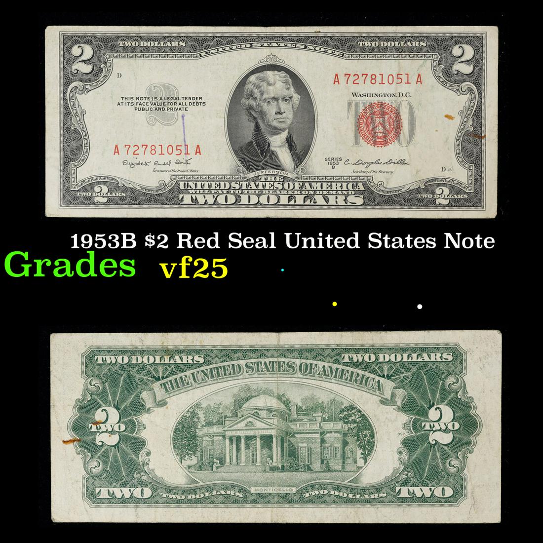 1953B $2 Red Seal United States Note Grades vf+ (1 of 3)