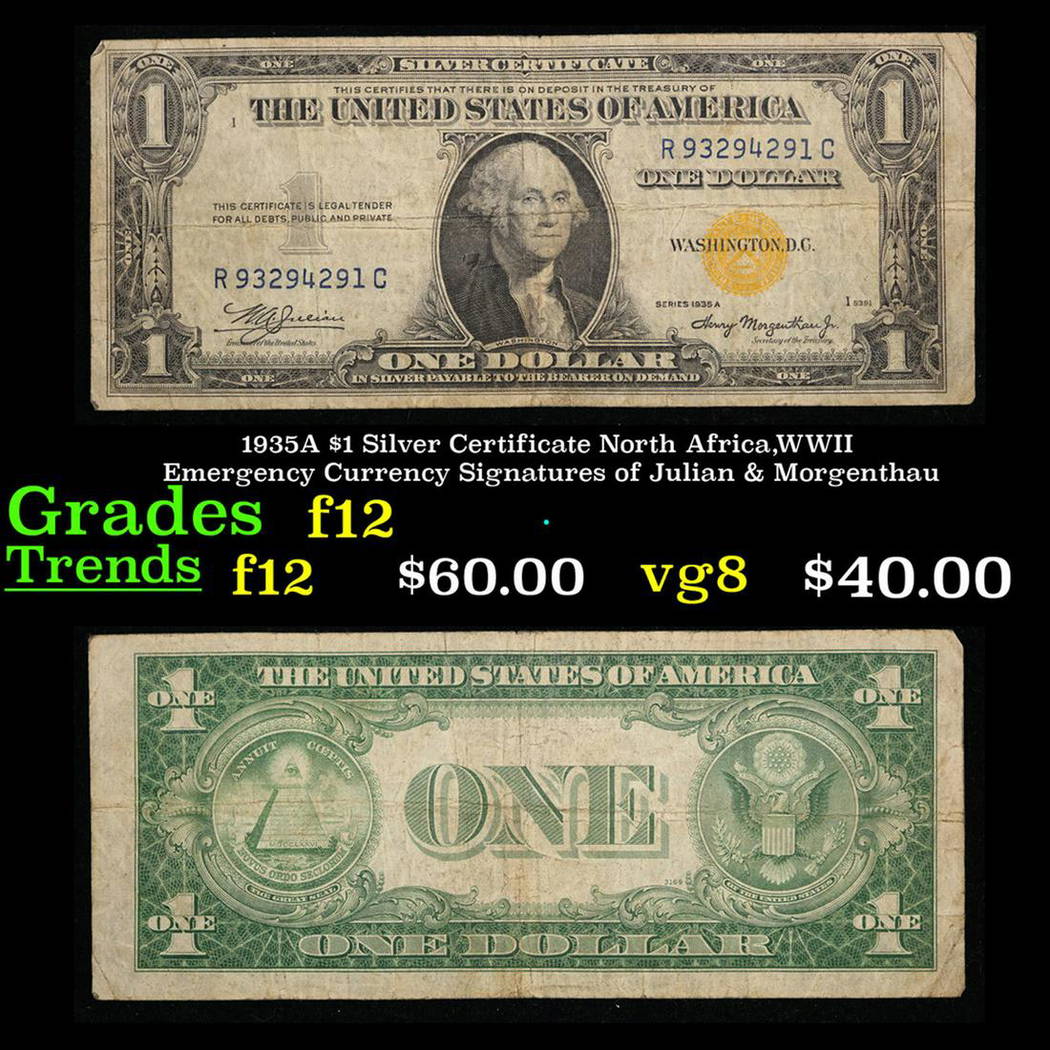 1935A $1 Silver Certificate North Africa WWII Emergency Currency 1935A $1 Silver Certificate North Africa WWII Emergency Currency