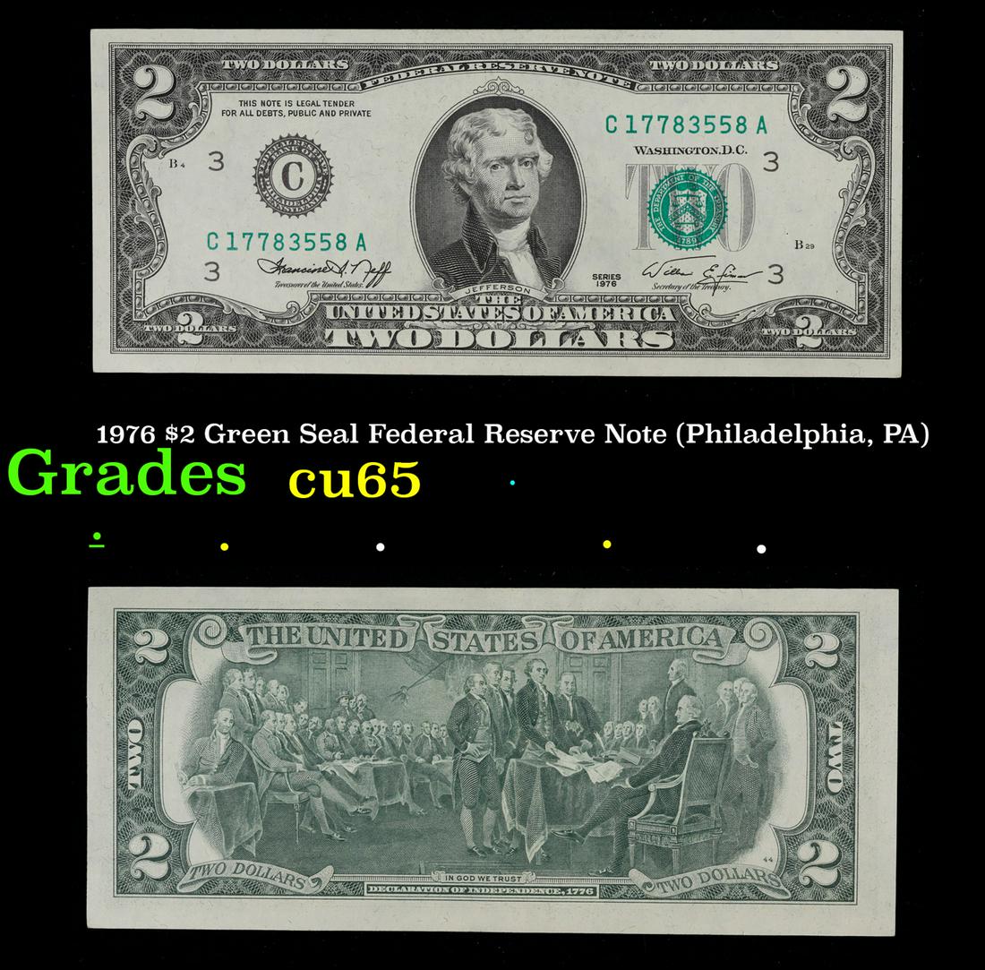 1976 $2 Green Seal Federal Reserve Note (Philadelphia, PA) Grades Gem CU (1 of 3)