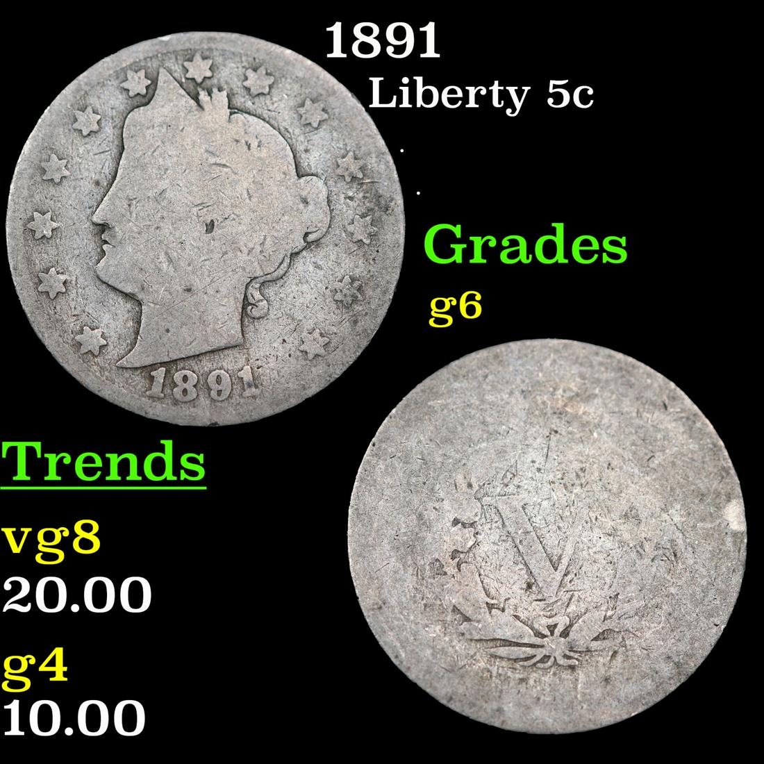 1891 Liberty Nickel 5c Grades g+ (1 of 3)