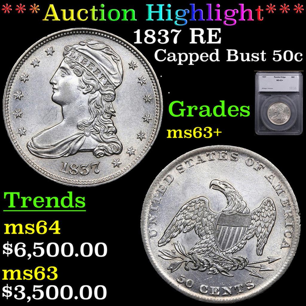 ***Auction Highlight*** 1837 RE Capped Bust Half Dollar 50c Graded ms63+ By SEGS (fc) (1 of 5)