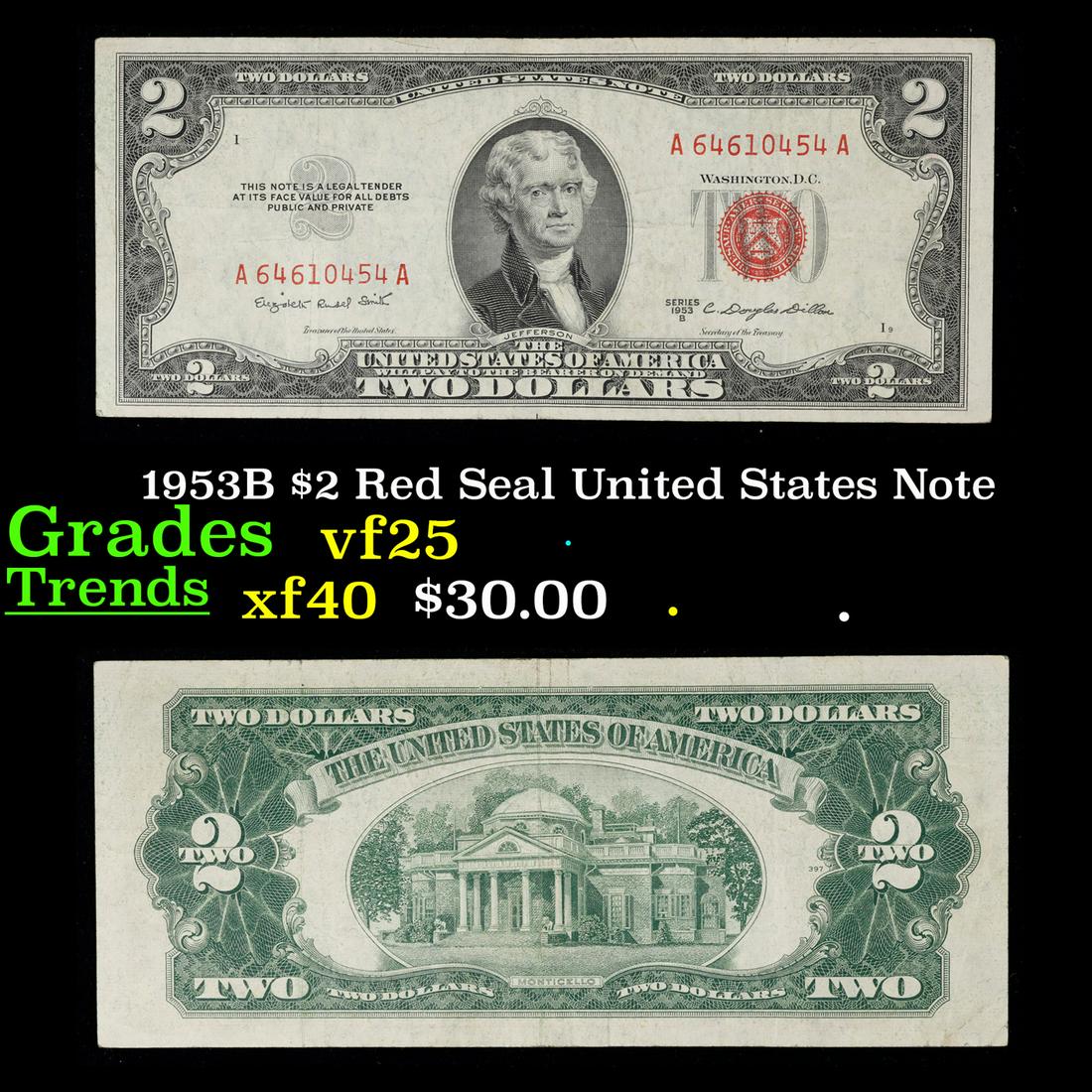 1953B $2 Red Seal United States Note Grades vf+ (1 of 3)