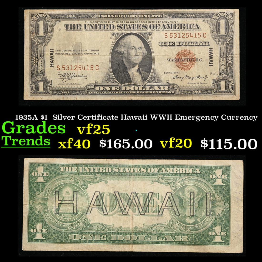 1935A $1  Silver Certificate Hawaii WWII Emergency Currency Grades vf+ (1 of 3)