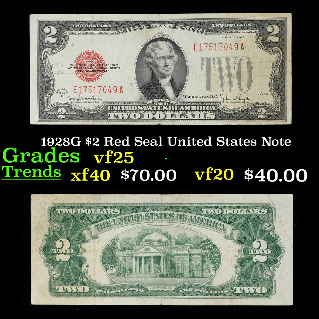 1928G $2 Red Seal United States Note Grades vf+ (1 of 3)