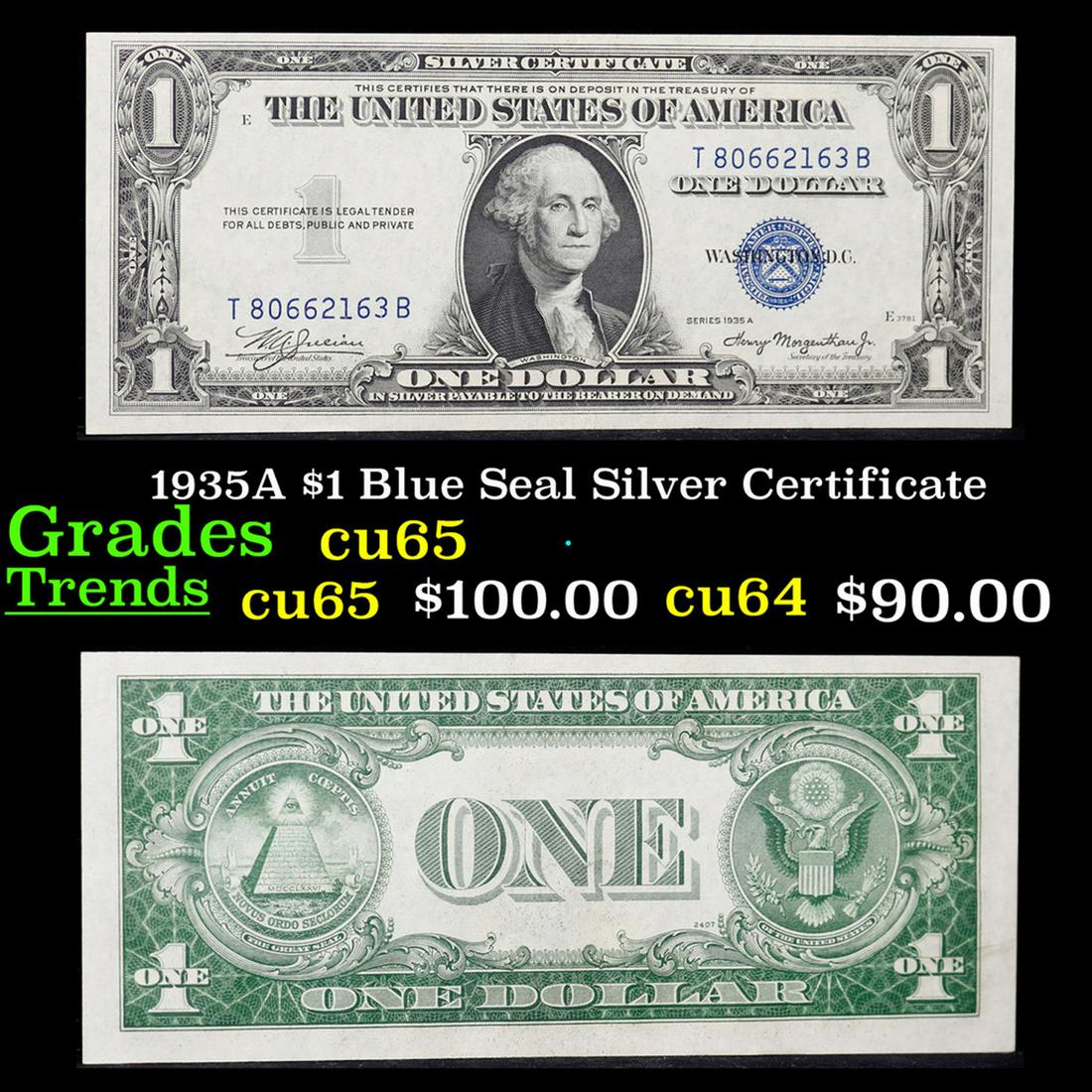 1935A $1 Blue Seal Silver Certificate Grades Gem CU: 1935A $1 Blue Seal Silver Certificate Grades Gem CU. Silver Certificates were redeemable in Silver. One of their most distinctive qualities is the blue Treasury seal and serial numbers. These notes in