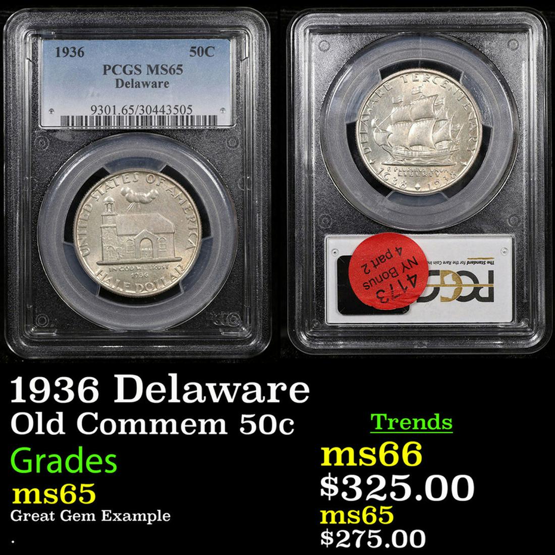 PCGS 1936 Delaware Old Commem Half Dollar 50c Graded ms65 By PCGS (1 of 3)